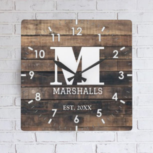 vintage wood Monkey Farm Personalized Family Name Square Wall Clock