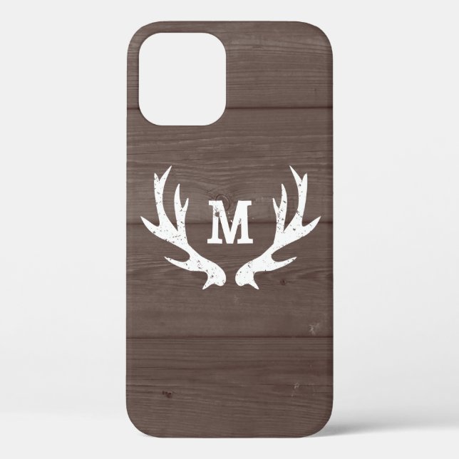 Vintage wood monogram deer antlers iPhone 12 case (Back)