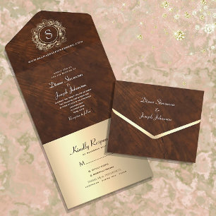 Vintage Wood Monogram Wedding All In One Invitation