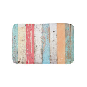 Vintage Wood: Multicolored Cracked Texture. Bath Mat