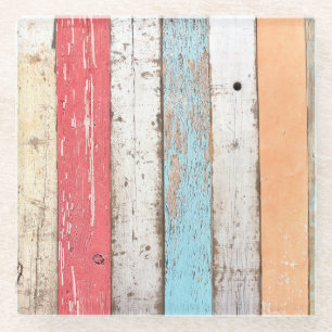 Vintage Wood: Multicolored Cracked Texture. Glass Coaster