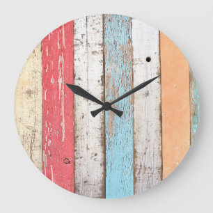 Vintage Wood: Multicolored Cracked Texture. Large Clock