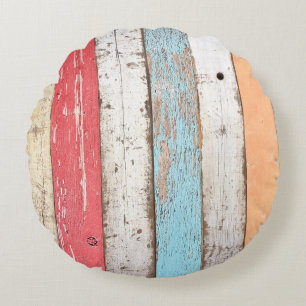 Vintage Wood: Multicolored Cracked Texture. Round Cushion
