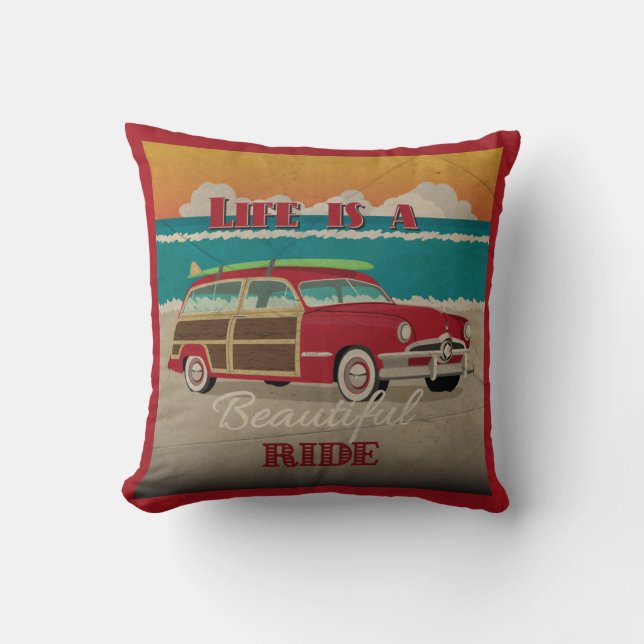 Vintage Wood Sided Car Beach Poster Cushion (Front)