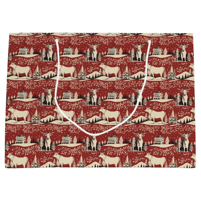 Vintage Woodcut Cow Wrapping Paper Large Gift Bag (Front)