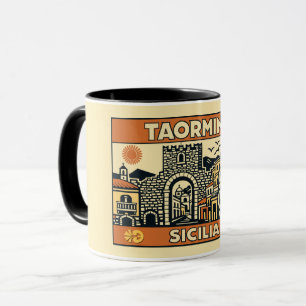 Vintage Woodcut Taormina Sicily Poster Mug
