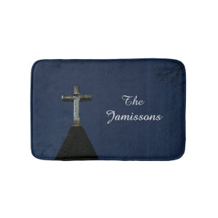 Vintage Wooden Cross Blue Personalised Plush Bath Mat