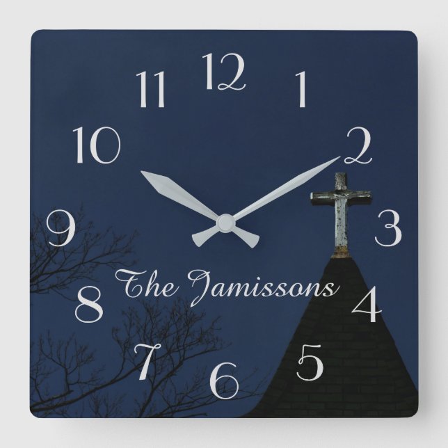 Vintage Wooden Cross, Clock, Personalised Square Wall Clock (Front)