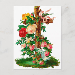Vintage Wooden Cross with a bouquet of roses. Postcard