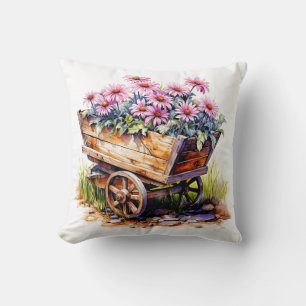 Vintage Wooden Garden Cart Full Of Aster Flowers Cushion