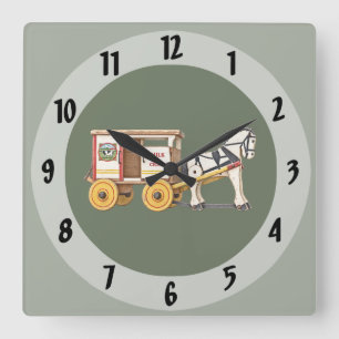 Vintage Wooden Horse Drawn Milk Wagon Square Wall Clock