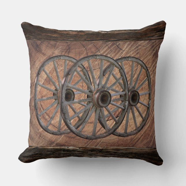 Vintage Wooden Wagon Wheels Throw Pillow (Front)