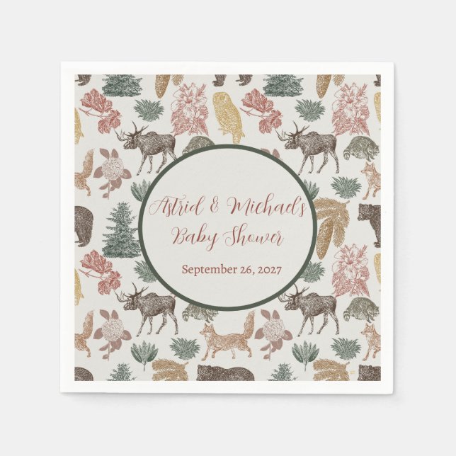 Vintage Woodland Animals Baby Shower-Foxes, Moose, Napkin (Front)