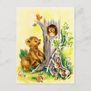 Vintage Woodland animals cute postcard