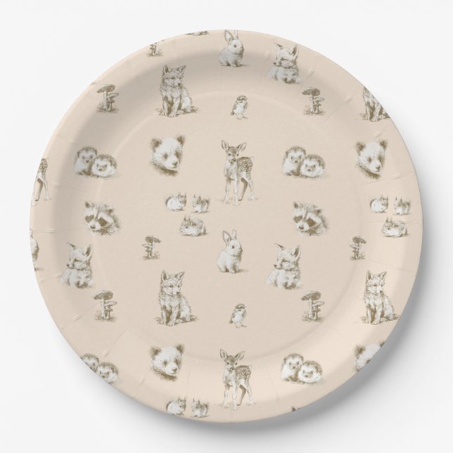 Vintage Woodland Baby Animals Paper Plate (Front)