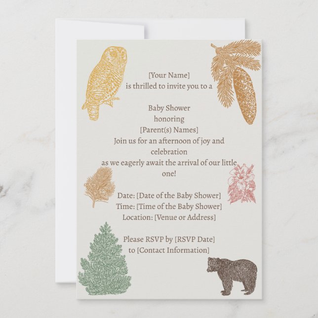 Vintage Woodland Baby Shower-Bears, Moose, Owls Invitation (Front)