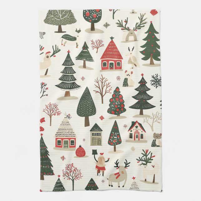 Vintage Woodland Christmas Pattern (17) Tea Towel (Vertical)
