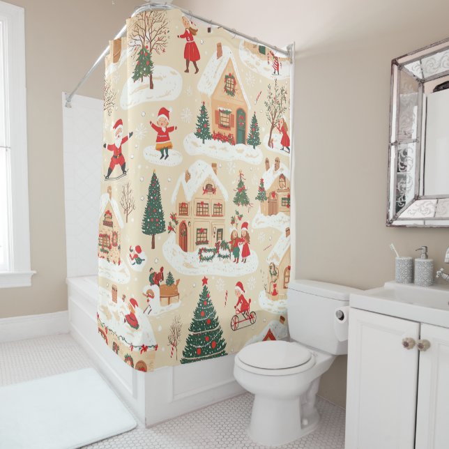 Vintage Woodland Christmas Pattern (19) Shower Curtain (In Situ)