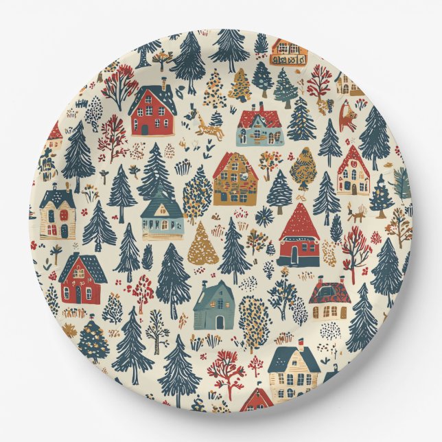 Vintage Woodland Christmas Pattern (20) Paper Plate (Front)
