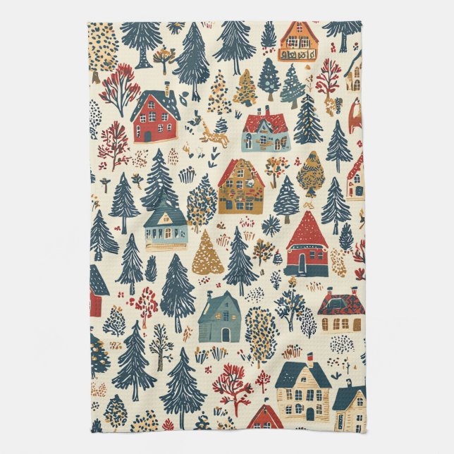Vintage Woodland Christmas Pattern (20) Tea Towel (Vertical)