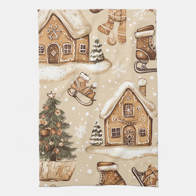 Vintage Woodland Christmas Pattern (3) Tea Towel (Vertical)