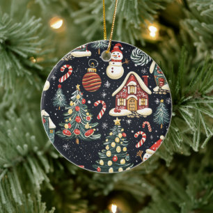 Vintage Woodland Christmas Pattern (5) Ceramic Tree Decoration