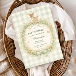 Vintage Woodland Deer Baby Shower Invitation<br><div class="desc">A soft woodland baby shower design featuring a delicate watercolor fawn standing above a floral forest wreath. Gentle greenery, tiny mushrooms, and wildflowers surround the center, while a soft sage gingham background and ribbon bow add a cozy countryside nursery feel. The vintage storybook illustration style and muted woodland palette create...</div>