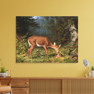 Vintage Woodland Doe and Baby Fawn Wildlife Art Canvas Print