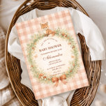 Vintage Woodland Fox Baby Shower Invitation<br><div class="desc">A charming woodland-inspired baby shower design featuring a sweet watercolor fox resting above a delicate floral wreath. Soft greenery, tiny mushrooms, and wildflowers create a cozy forest frame, finished with a warm bow and a soft peach gingham background. The vintage storybook illustration style and gentle earthy palette give the design...</div>