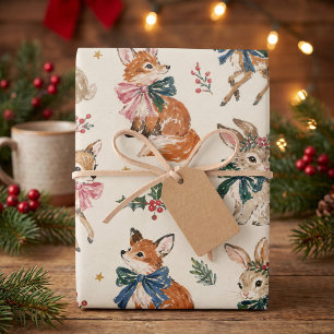 Vintage Woodland Fox Bunny and Deer Christmas Wrapping Paper Sheet