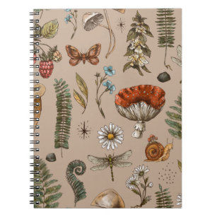 Vintage woodland nature seamless pattern. Amanita  Notebook