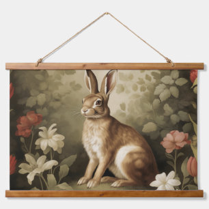 Vintage Woodland Rabbit in a Floral Forest Hanging Tapestry