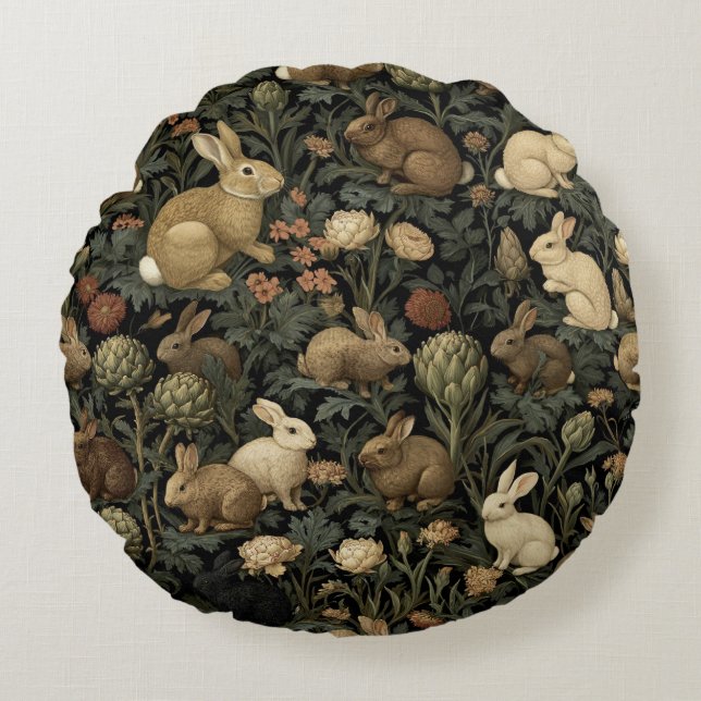 Vintage Woodland Rabbit Pattern Dark Botanical Round Cushion (Front)