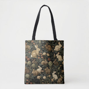 Vintage Woodland Rabbit Pattern Dark Botanical Tote Bag