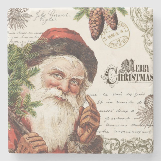 vintage woodland Santa Stone Coaster (Front)
