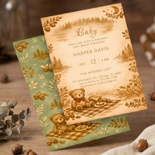 Vintage Woodland Teddy Bear Picnic Baby Shower Invitation
