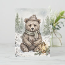 Vintage Woodland Winter Bear Forest Watercolor