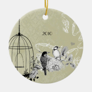Vintage Woodpeckers & Bird Cage on Damask Ceramic Tree Decoration