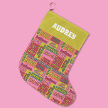 Vintage Word Collage 1970s Style Personalised Large Christmas Stocking<br><div class="desc">Add some joy to your Christmas gifts with this patterned stocking featuring a collage of Christmas greetings and sayings in a seventies style colour palette of pink,  orange,  red,  green and lime green. Your name appears at the top in retro style white lettering against a lime green background.</div>