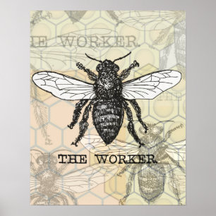 Vintage Worker Bee Illustration Poster