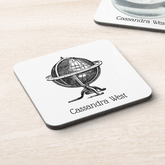 Vintage World Globe Lithograph Drawing BW Coaster (Left Side)