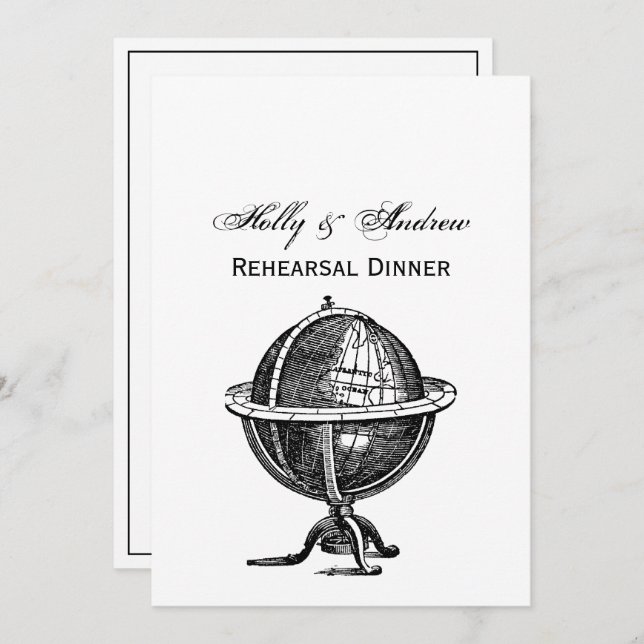Vintage World Globe Lithograph Drawing BW Invitation (Front/Back)