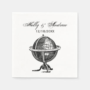 Vintage World Globe Lithograph Drawing BW Napkin