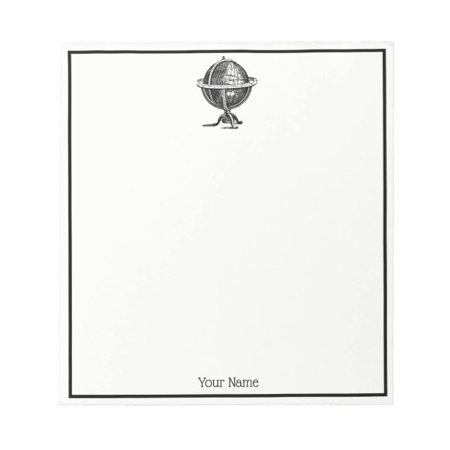 Vintage World Globe Lithograph Drawing BW Notepad (Front)