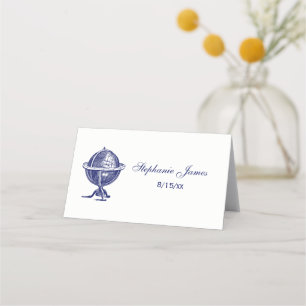 Vintage World Globe Lithograph Drawing Navy Place Card