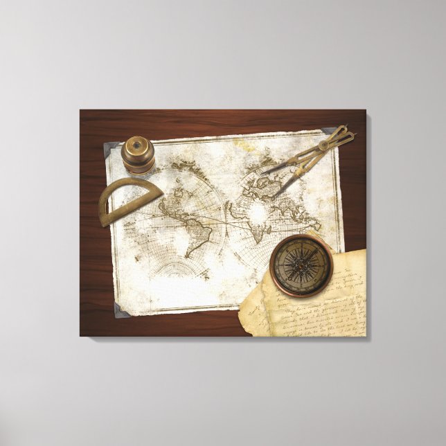 Vintage World Map And Tools Canvas Print (Front)
