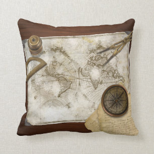 Vintage World Map And Tools Cushion