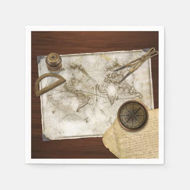Vintage World Map And Tools Napkin (Front)