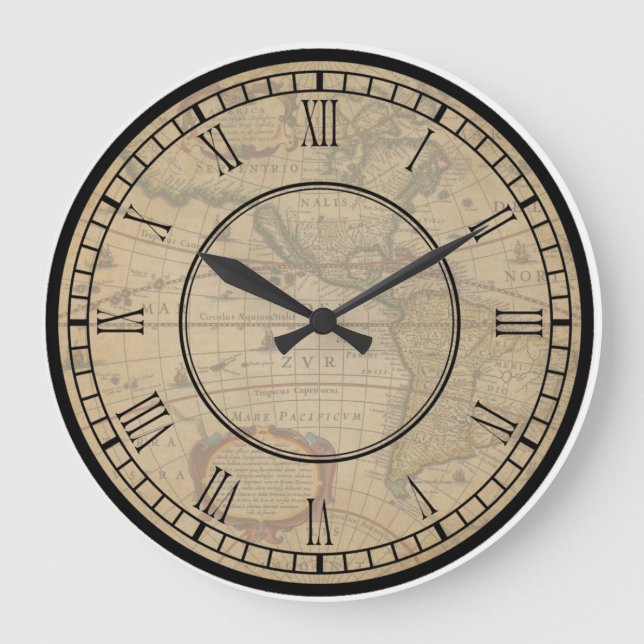 Vintage World Map Antique Americas Retro Chart Large Clock (Front)