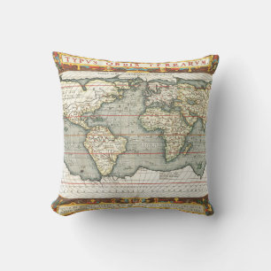 Vintage World Map by Abraham Ortelius 1587–1595 Cushion